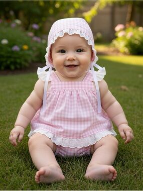 Handmade Pink Gingham Bonnet Pinafore Bloomers Set Dog Cat Eyelet Lace Cotton